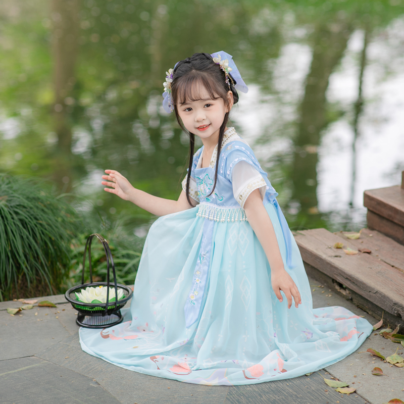 汉服女童夏季古装超仙襦裙蓝色短袖中国风春秋长袖儿童演出连衣裙