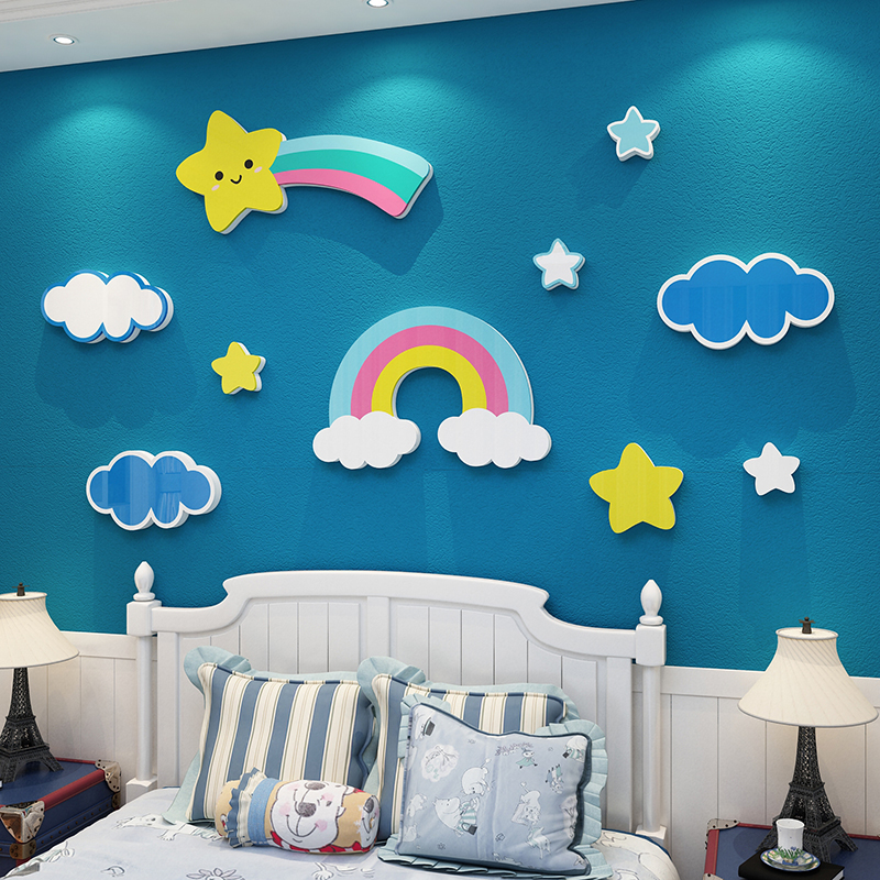 彩虹云朵贴纸画儿童房间布置墙面装饰品女孩卧室床头亚克力3d立体