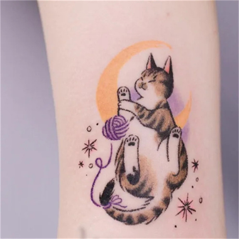 玩毛线球的小猫咪可爱纹身贴彩色卡通蝴蝶贴纸持久黑猫男女个性