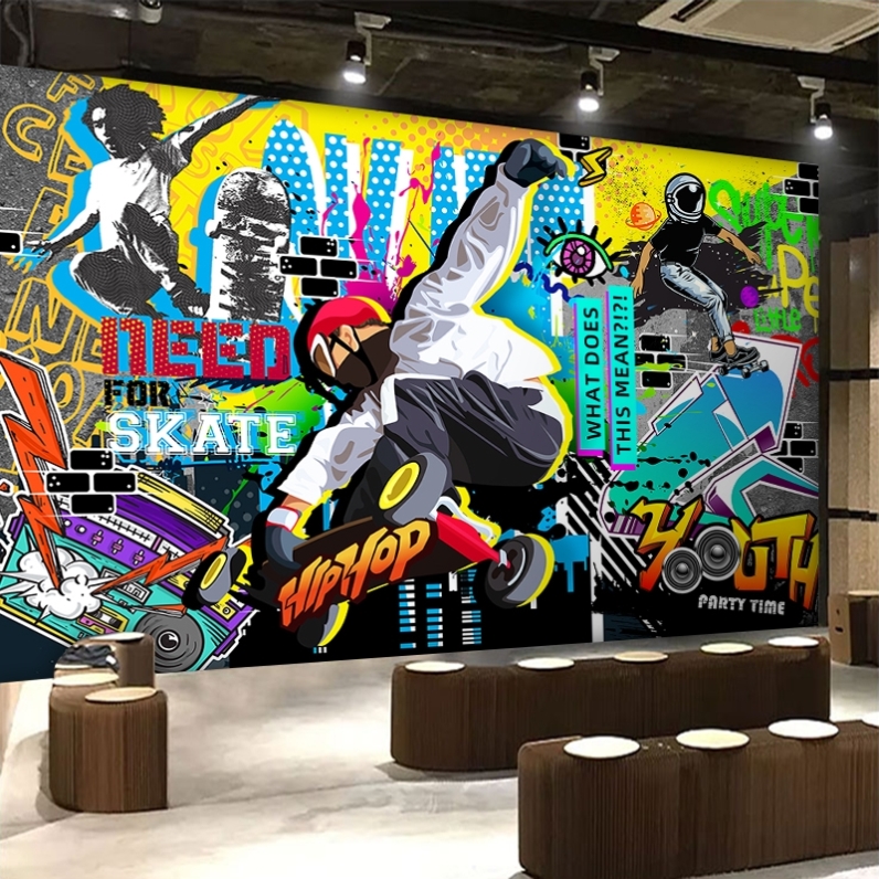 3D个性涂鸦背景墙纸工业风滑板轮滑墙绘壁画卡通溜冰运动海报壁纸