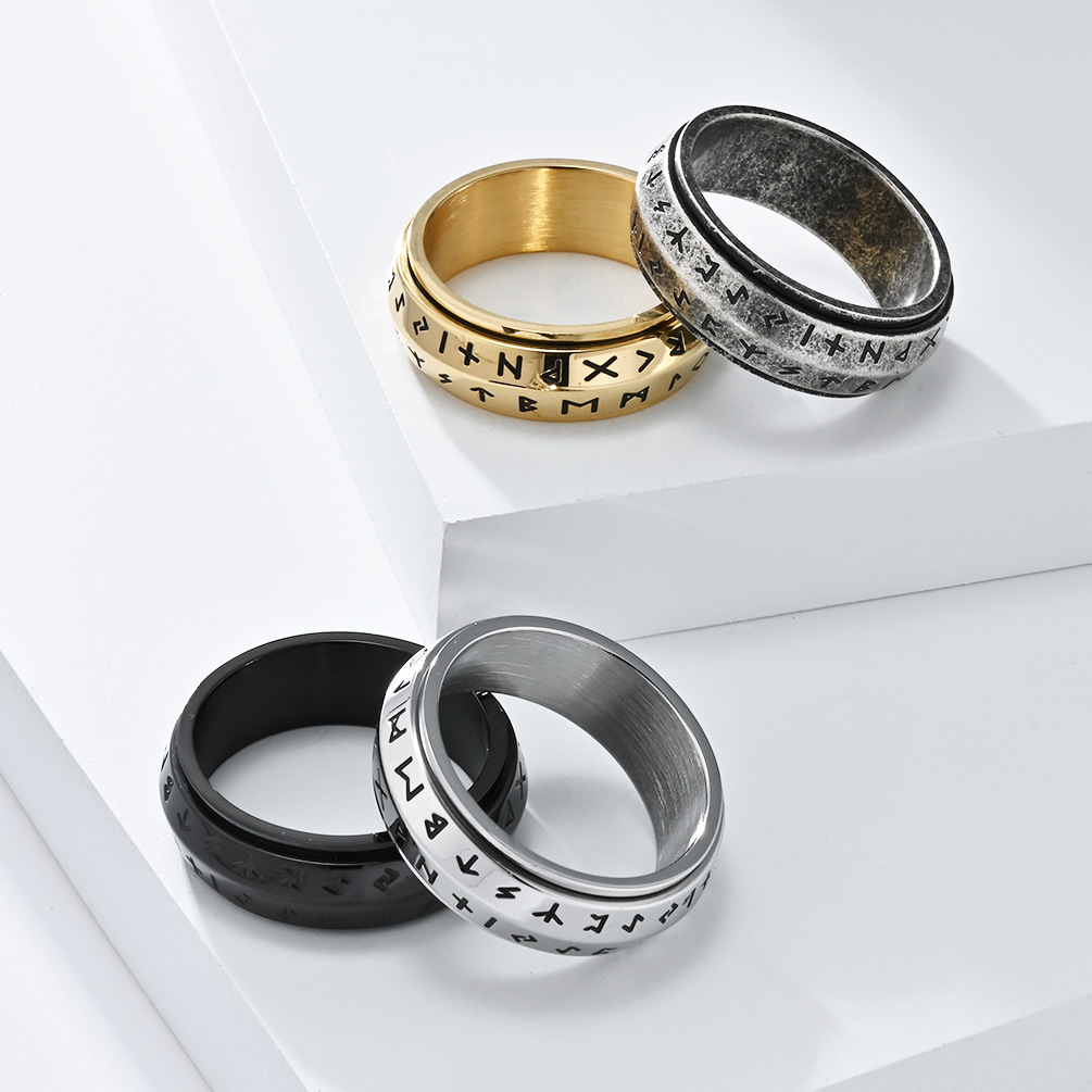 时尚钛钢戒指北欧维京文字双斜面可旋转钛钢戒指缓解压力钛钢戒指