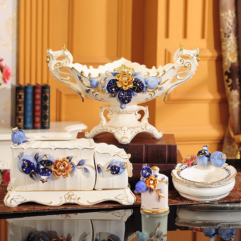 欧式果盘套装客厅家用茶几三件套摆件陶瓷水果盘创意现代奢华礼物