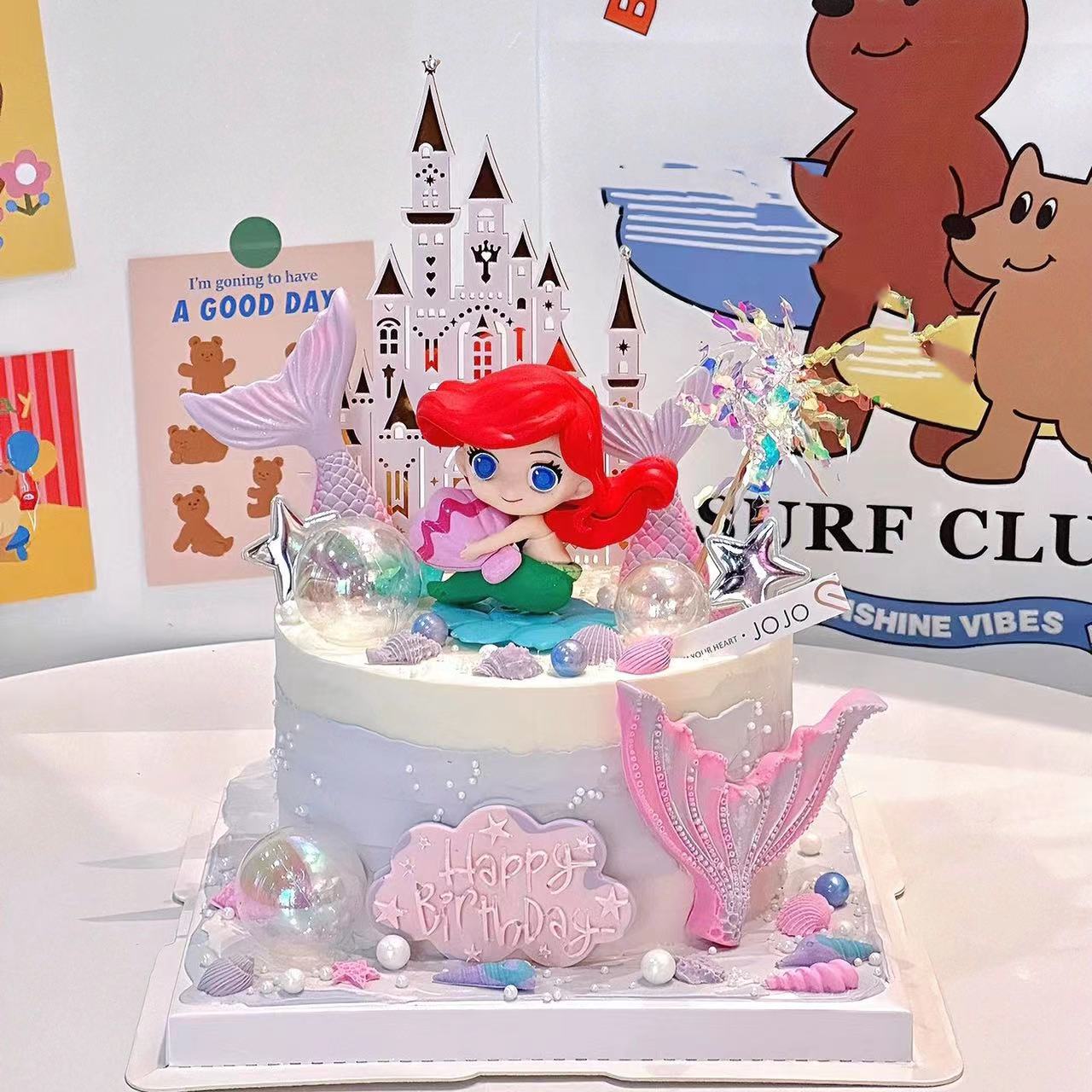 网红美人鱼蛋糕装饰摆件Q版抱贝壳人鱼公主海草珊瑚儿童生日插件