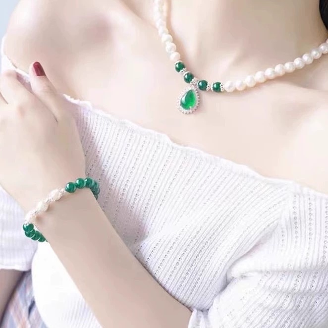 【母亲节】珍珠镶绿玉髓项链吊坠送妈妈婆婆母亲节生日xn