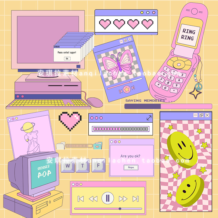 Y2K粉色少女风电脑窗口弹出图标电脑按键手机元素psd+矢量素材