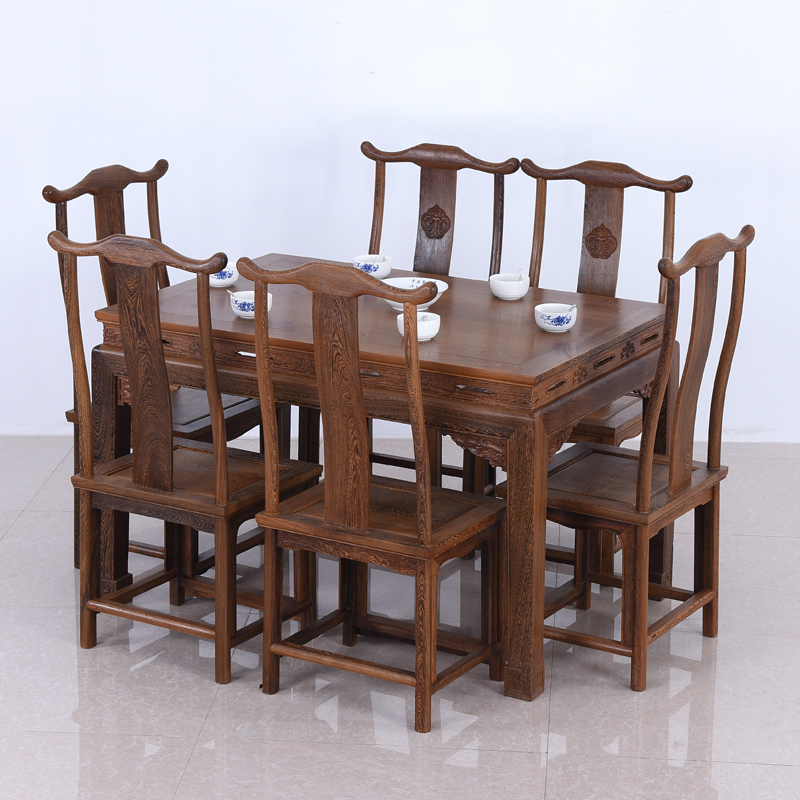 鸡翅木餐桌长方形 红木中式实木餐桌椅组合家用 原木仿古复古桌子