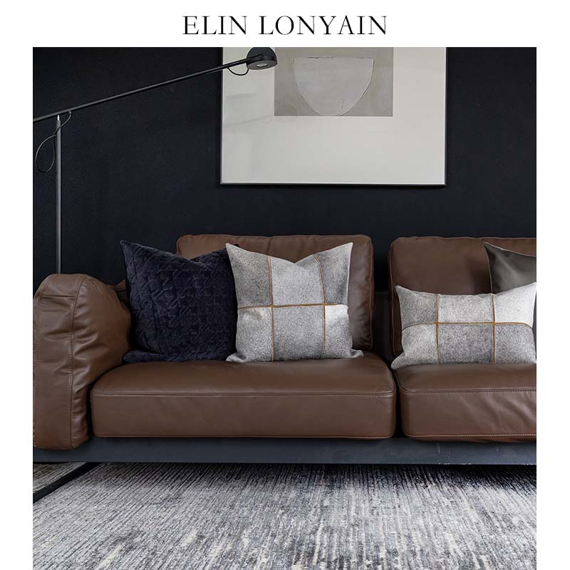 ELIN LONYAIN现代简约轻奢灰色样板房沙发搭配抱枕灰色金色扣方枕