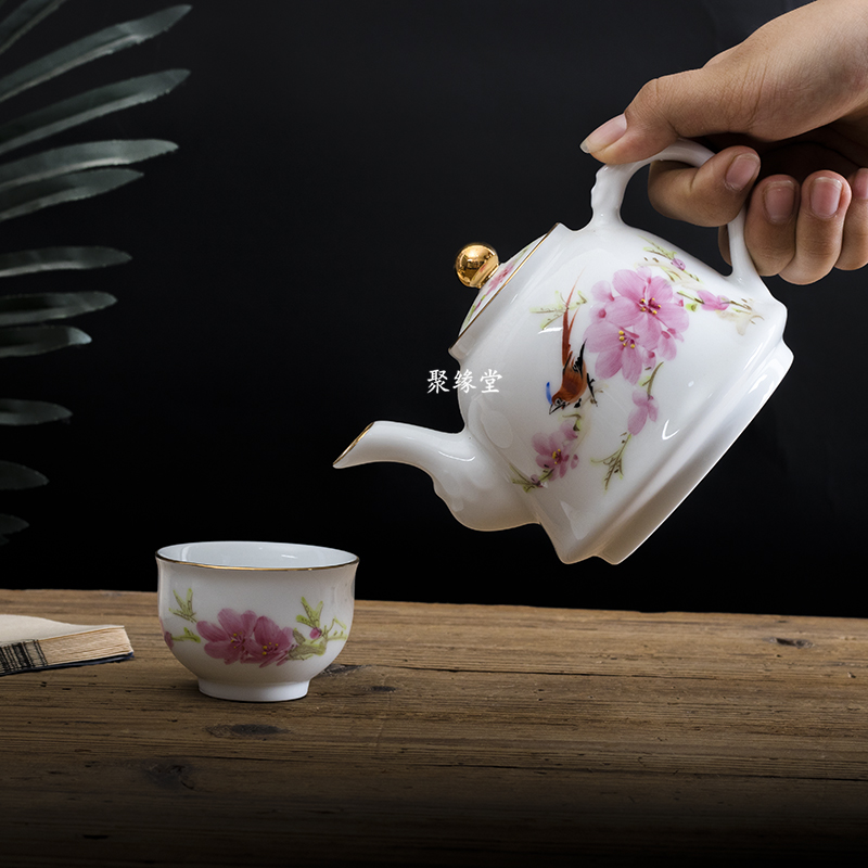景德镇高白陶瓷 7501毛瓷收藏 手绘水点桃花中式复古功夫茶具茶壶