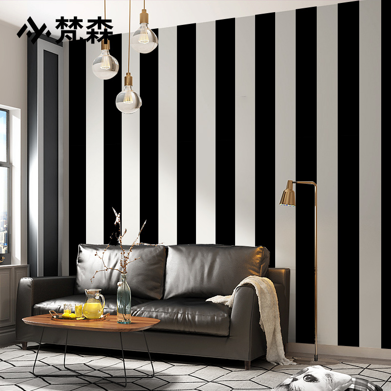 北欧现代简约黑色黑白条纹墙纸竖条客厅卧室电视背景墙壁纸非自粘