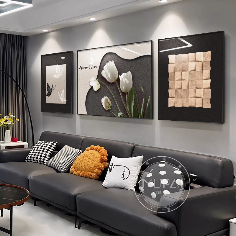 现代轻奢客厅装饰画黑白抽象沙发背景墙高级感挂画立体感三联壁画