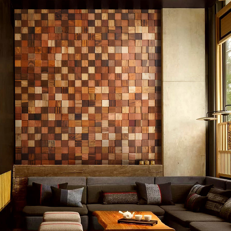 原木老船木实木马赛克视背景墙客厅酒店木质木头复古大方块瓷砖