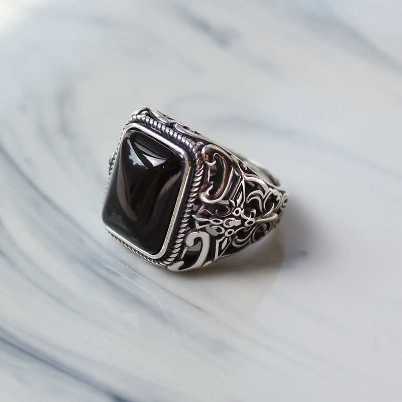 925纯银原创设计复古个性百搭黑玛瑙戒指男十字宽版开口指环食指