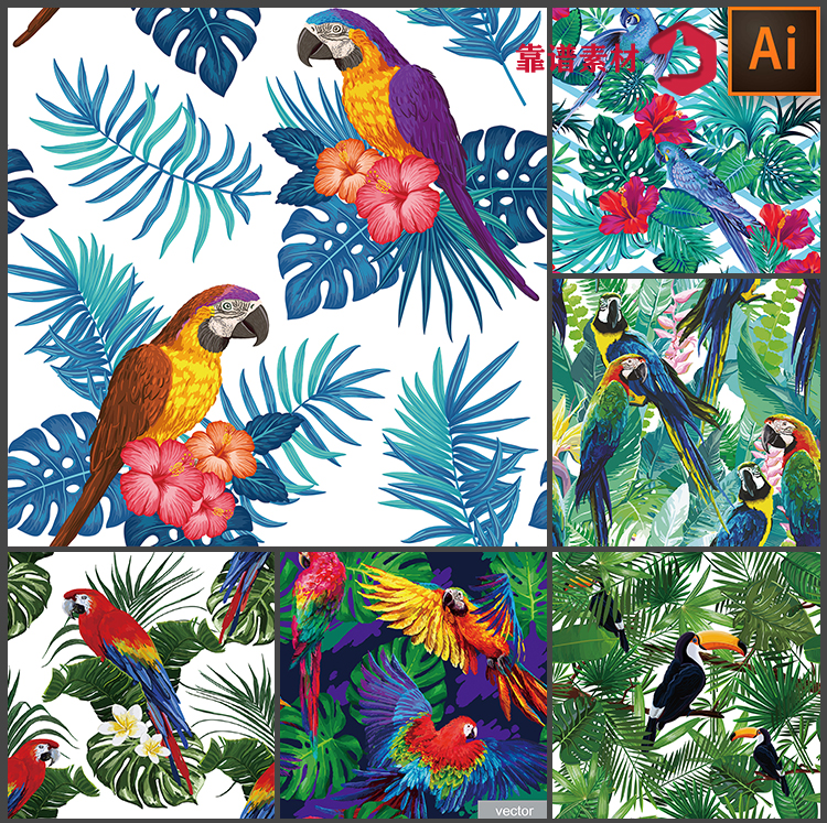 热带雨林大嘴鸟鹦鹉植物花鸟墙纸家居印花图案矢量设计素材2607