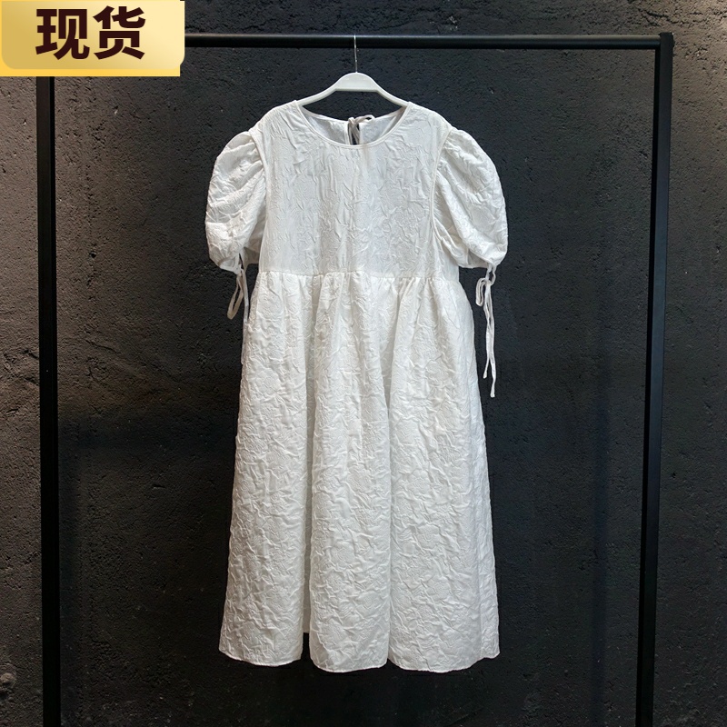 【现货】VC 棉纱折纸小白裙女夏季新款短袖连衣裙泡泡袖裙子