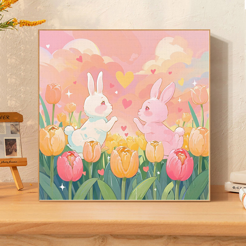 郁金香数字油画diy兔子花卉简单减压治愈填充涂鸦丙烯画画装饰画