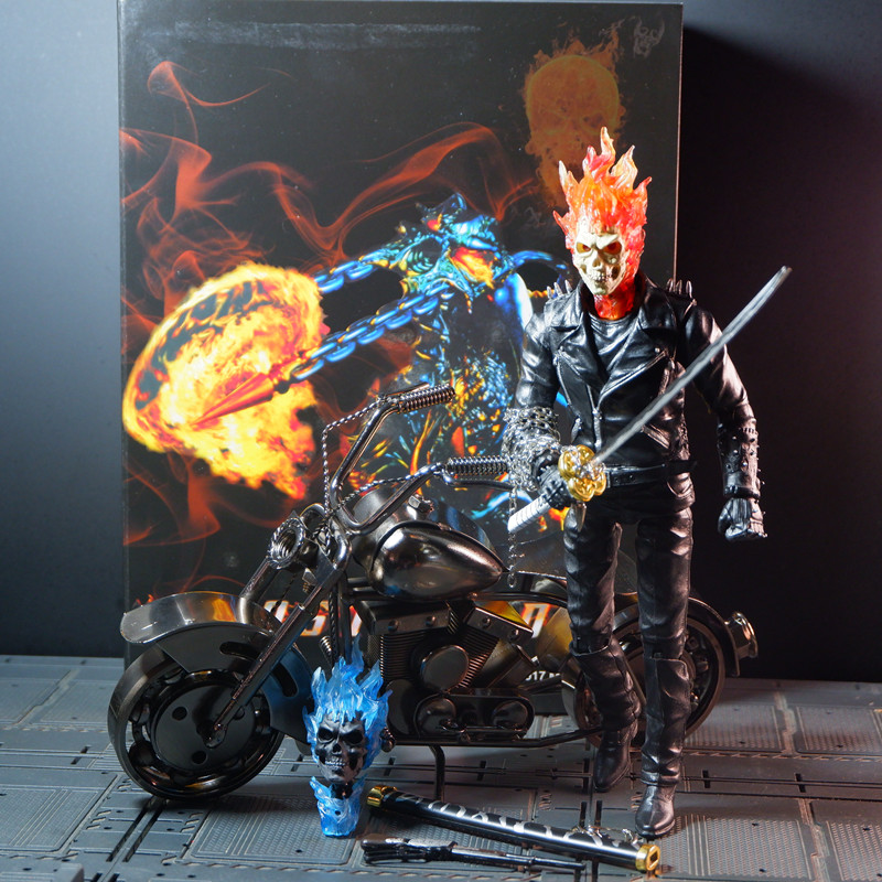 漫威marvel恶灵骑士9寸骷髅头火焰摩托车发光模型可动手办玩具人