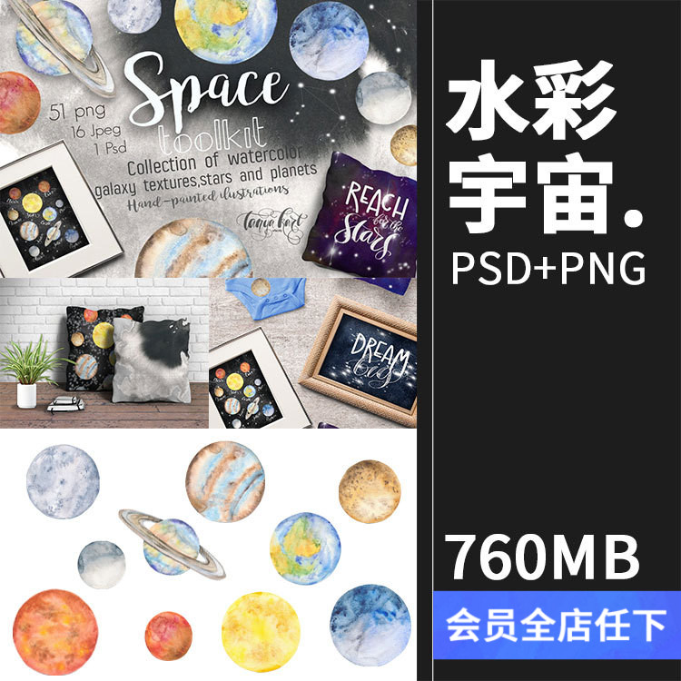 手绘水彩星球行星宇宙天空风格插图元素设计素材PSD模板PNG免扣