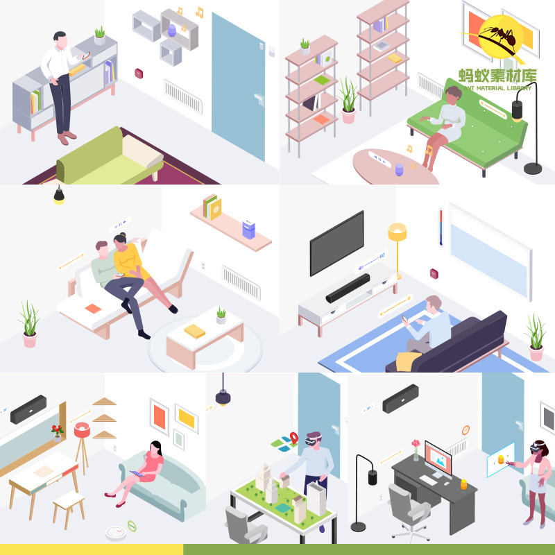 等距2.5D智能家居人物家庭生活室内居家场景矢量插画AI设计素材图