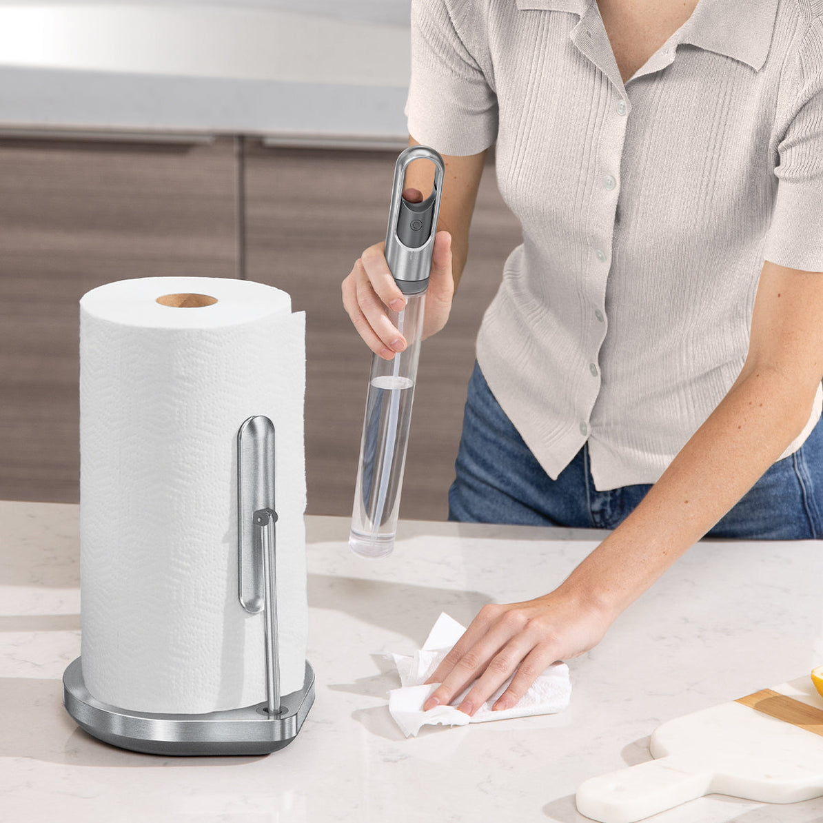 美国Simplehuman 不锈钢厨房台式纸巾架免打孔张力固定器单手撕纸