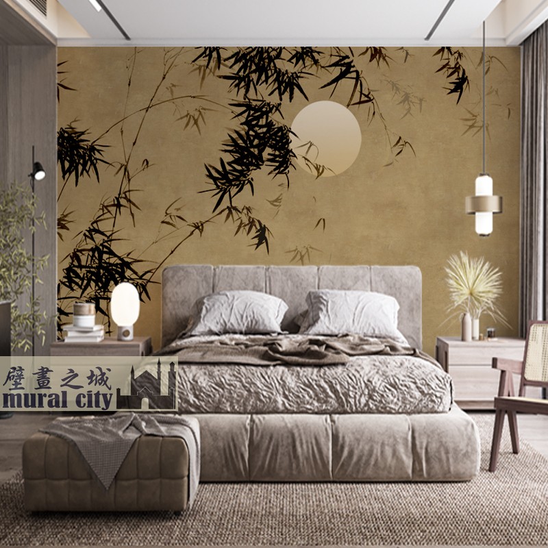 中式清风明月壁纸古风墙布竹林月亮壁纸复古书房摄影直播背景壁布