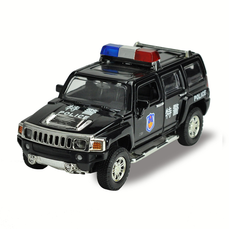彩珀成真1:24合金汽车模型黑色悍马H3公安警车白色越野车儿童玩具