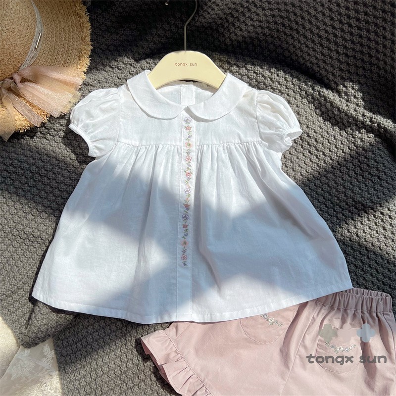 【韩国设计款】女童夏季上衣  薄款白色绣花翻领短袖娃娃衫 衬衫