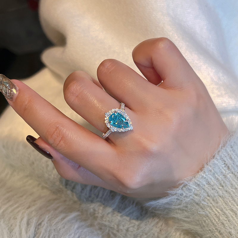 高级感复古镶钻水滴形3克海蓝宝戒指女925纯银镀金蓝宝石圣玛利亚