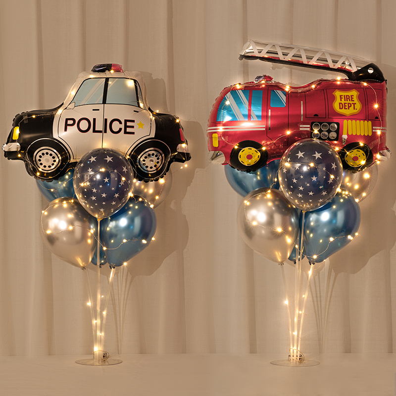 男孩汽车主题周岁生日装饰卡通警车消防车发光桌飘气球场景布置
