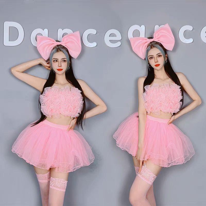 新款DS演出服酒吧gogo秀气氛派对可爱女dj领舞性感花边粉色裙套装