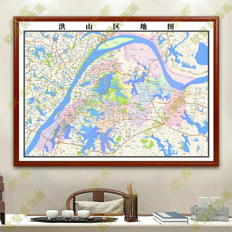武汉市洪山区地图行政交通地形带框城区办公室2023装饰画
