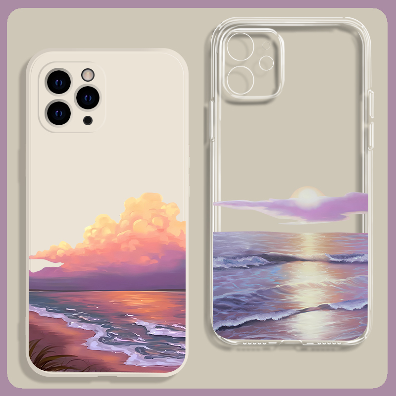 紫色天空大海唯美油画风适用苹果14promax手机壳iphone13全包12小米11华为mate40硅胶P50透明oppo红米K60pro