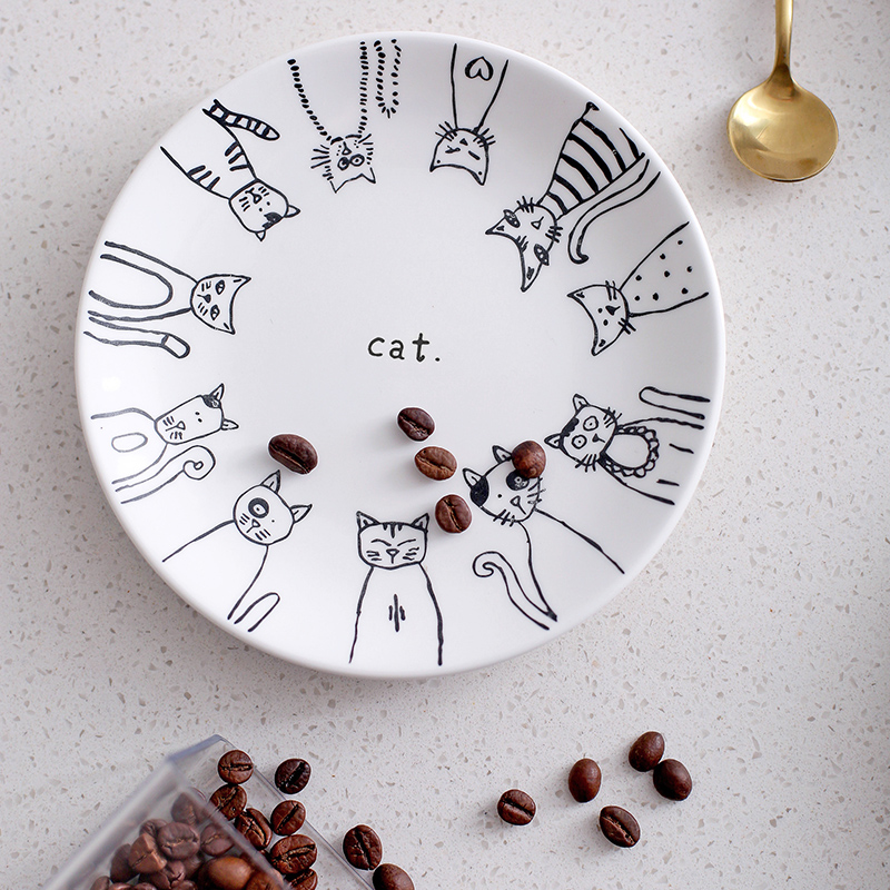 韩国线描可爱猫咪陶瓷盘子菜盘平盘西餐盘创意小猫点心碟子早餐盘