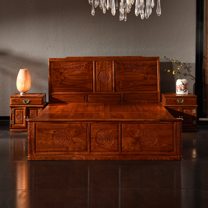 仿古实木床大床主卧双人床1.8米中式床新中式雕花床红木刺猬紫檀