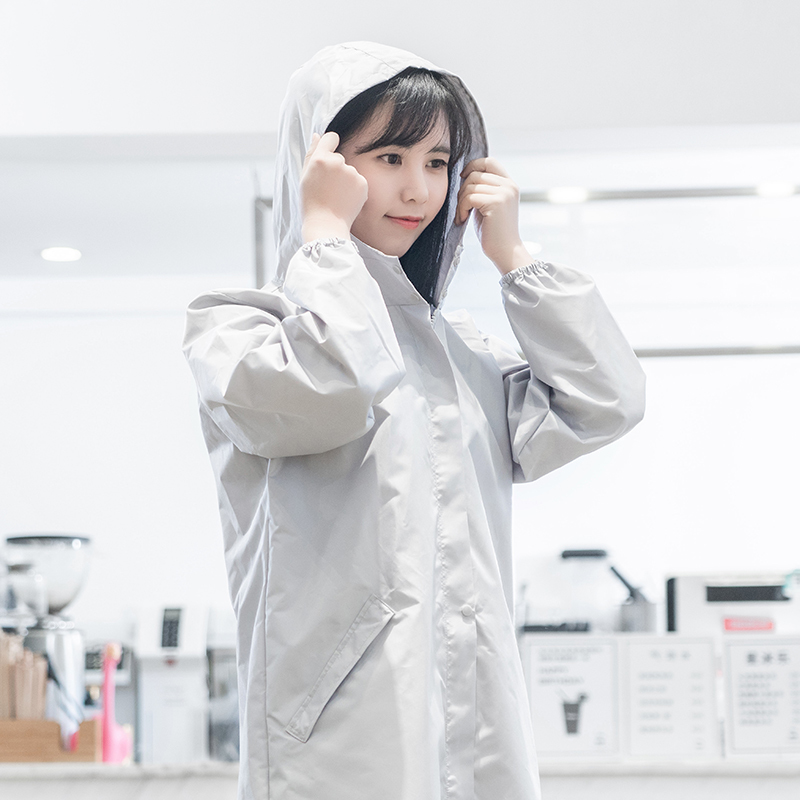 韩版时尚拉链风衣式大人罩衣女士长袖防水防油厨房围裙带帽工作服