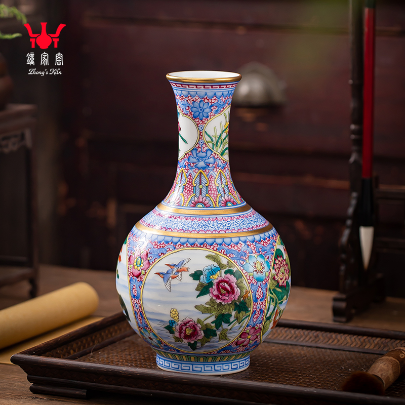 钟家窑景德镇陶瓷花瓶复古珐琅彩瓷瓶插花中式客厅家居装饰品摆件