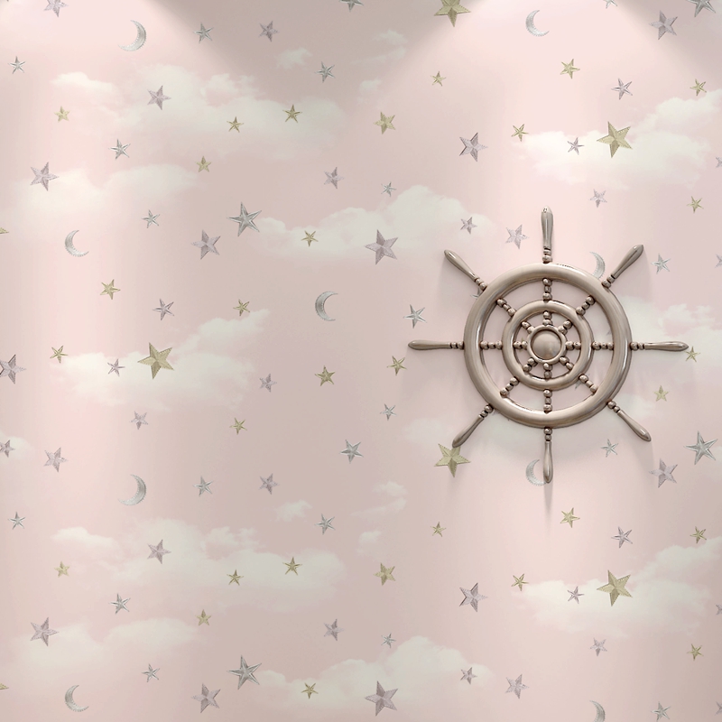 浅粉色3D星星月亮墙纸卧室男孩女孩房间背景卡通环保精压蓝色壁纸