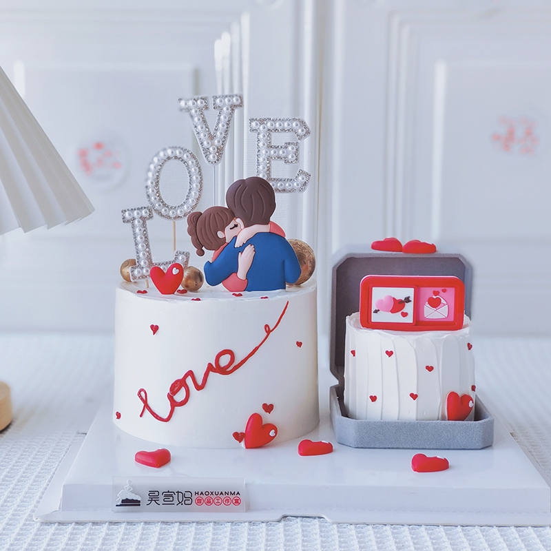 520情人节蛋糕装饰软胶拥抱情侣爱心love插件戒指盒表白网红生日