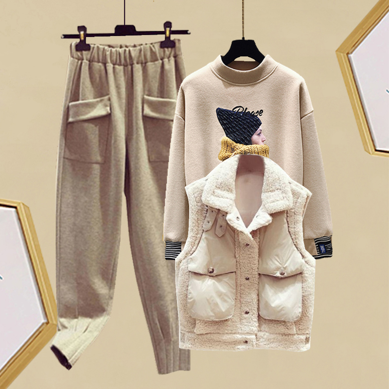 小个子冬季三件套女韩版加厚加绒卫衣+羊羔毛马甲外套+束脚毛呢裤
