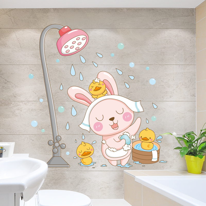 浴室壁纸防水自粘卡通兔子墙贴卫生间瓷砖玻璃门贴纸厕所墙壁装饰