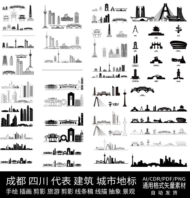 成都四川城市设计素材地标建筑天际线条描稿旅游手绘插画景观剪影