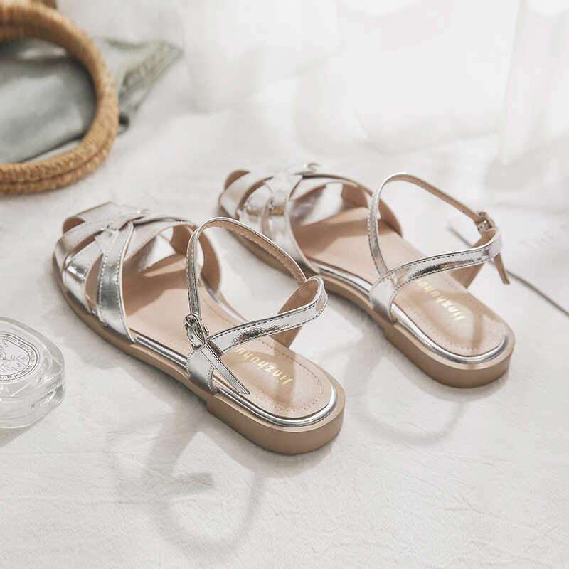 羊皮版~新款平底镂空银色配裙子的绝美仙女风包头法式小凉鞋女夏