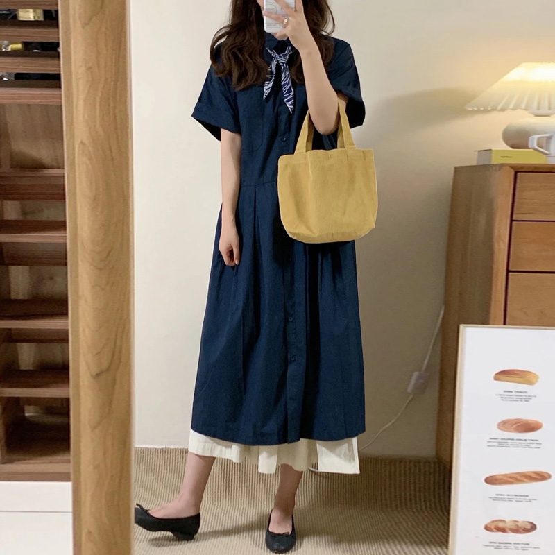 自制日系工装风衬衫连衣裙女小个子学生藏青色叠穿感短袖衬衣长裙
