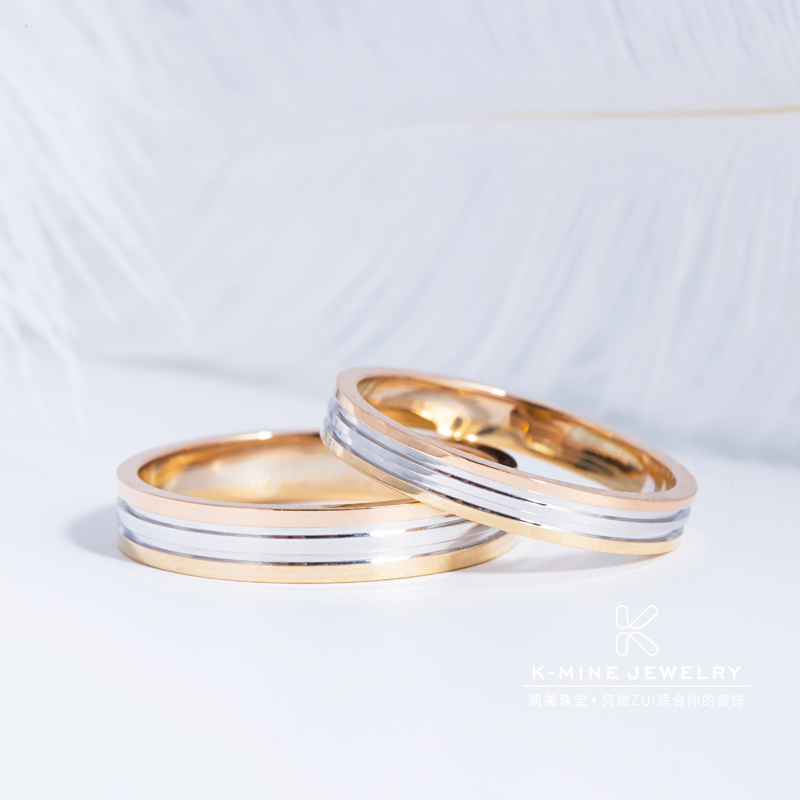 凯美珠宝18K金彩金玫瑰金分色戒指对戒情侣一对光圈戒指结婚求婚