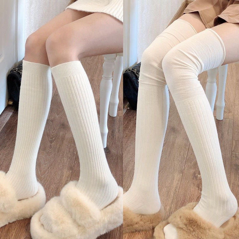 春秋辣妹米白色小腿袜女显瘦保暖白色长筒袜灰色过膝袜堆堆中筒袜