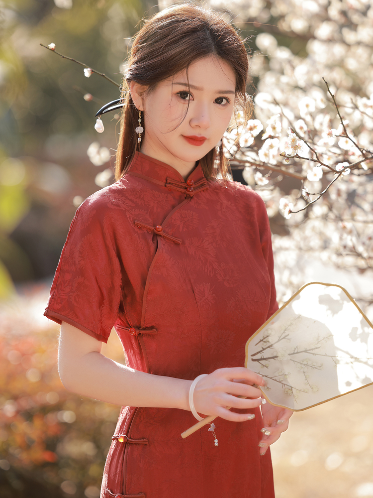 红色人丝提花全开襟旗袍一片式无省民国风年轻款少女曳地古法传统