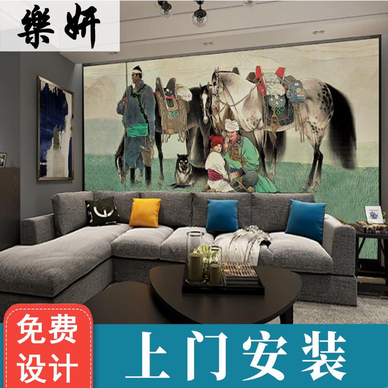 蒙古壁画蒙餐厅大草原风景墙纸马背上的民族电视背景墙牧民生活画
