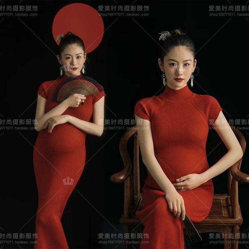 影楼孕妇中国风主题新款复古民国红色针织旗袍孕妈咪摄影拍照服装