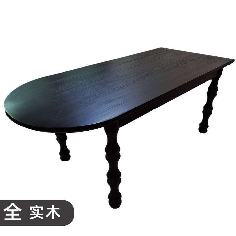 法式复古餐桌实木半圆靠墙桌子中古美式椭圆长桌岛台原木桌腿黑色