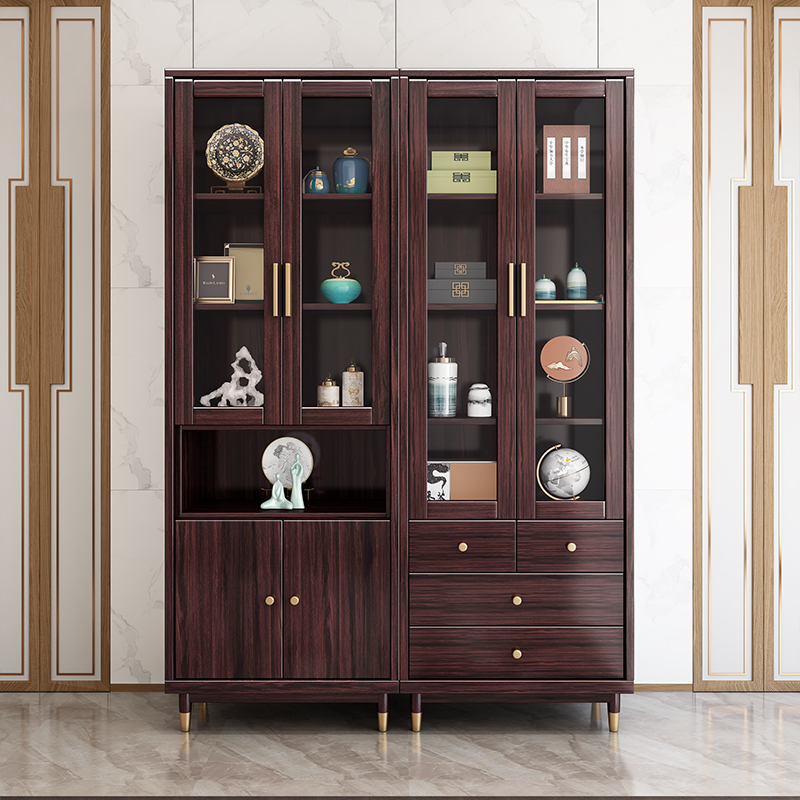 新中式实木书柜紫金檀木书房书橱组合客厅带玻璃门储物柜展示柜子