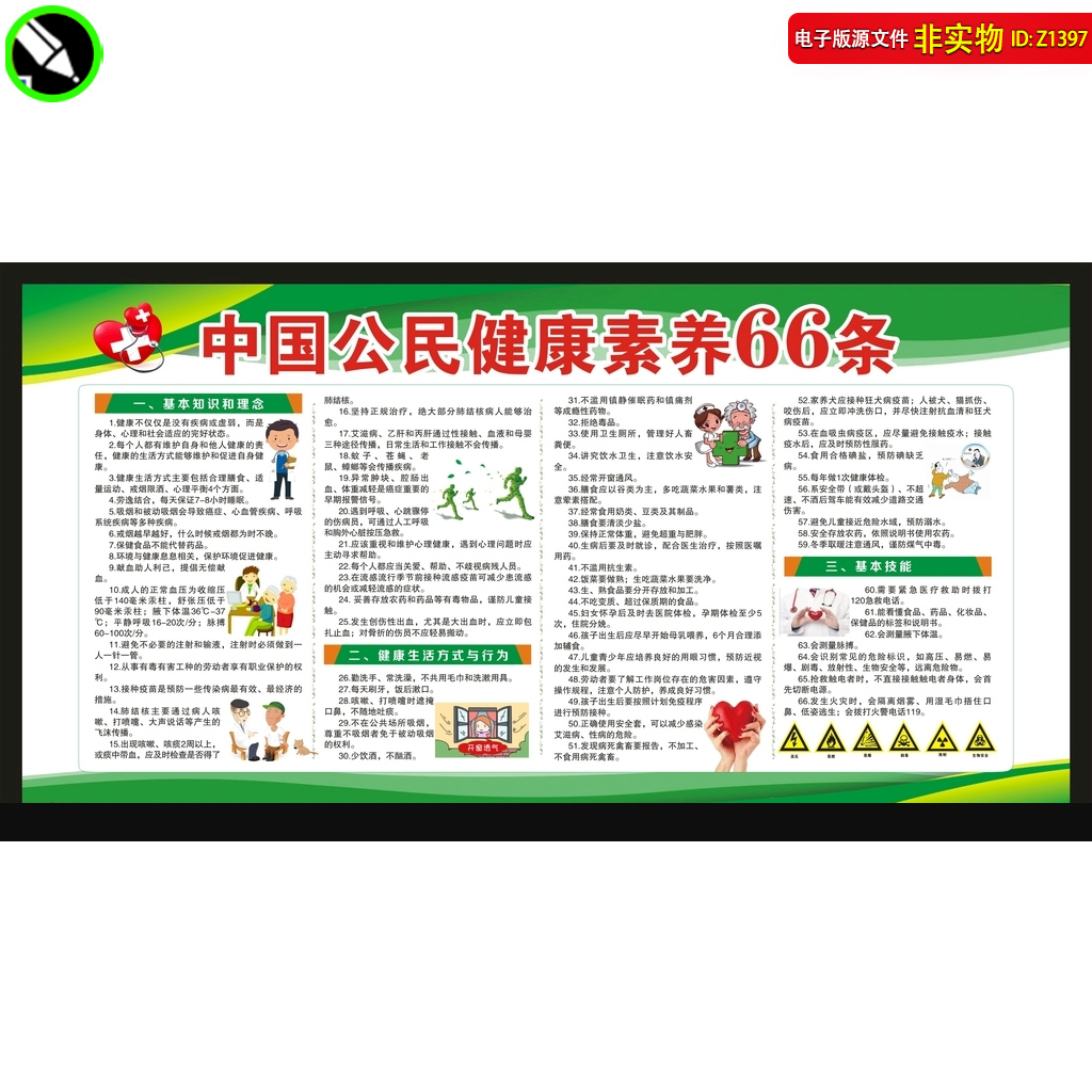 中国公民健康素养66条宣传栏展板挂图社区健康教育知识CDR素材